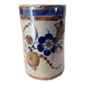 Tonala Mexico Pottery Mug Blue Floral Hand Painted Stoneware Folk‎ Art